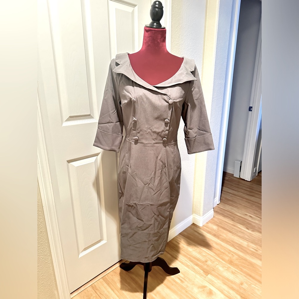 Vintage Inspired Sweetheart Neckline Dress, Gray, Size Large (US 8)